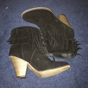 Fringe small block heel booties